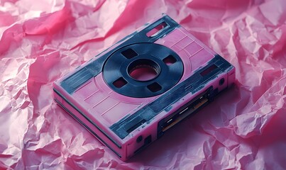 Poster - A retro pink cassette player with a black center on a crumpled pink paper background