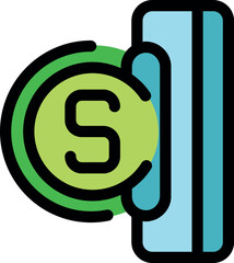 Poster - Cashless transaction represented by green coin with s symbol touching blue credit card, symbolizing digital payment