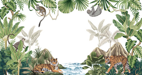 Wall Mural - Tropical jungle palm trees, banana tree, green plants, tiger, monkey, sloth animal, parrot frame. Hawaiian island and sea waves mural.