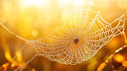 Close-up of morning dew on spider web, intricate and beautiful nature detail 