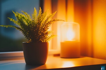 Wall Mural - Peaceful Fern by Window with Warm Candlelight