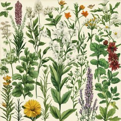 A Botanical Illustration Featuring Various Flowers and Plants