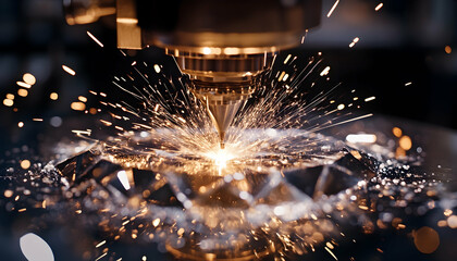 Wall Mural - Modern CNC milling machine carving a metal workpiece with sparks flying, showcasing innovative production technology in industrial manufacturing  -