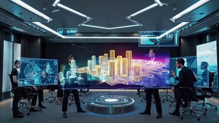 Fototapete - Innovative technology conference showcasing 3D data visualization in a modern meeting environment