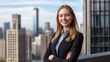 © Maryna - Confident young professional smiles while posing in a city skyline background during a sunny day. Real Estate Sales Manager