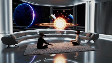 Poster - exploring virtual reality in a futuristic setting with immersive cosmic elements and engaging intera