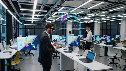 Fototapete - Business professionals engage in a collaborative meeting in a modern conference room with advanced technology