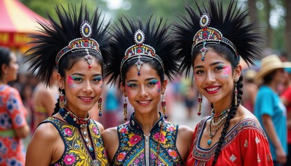 Smiling Woman in Vibrant Traditional Attire and Headdress for carnival