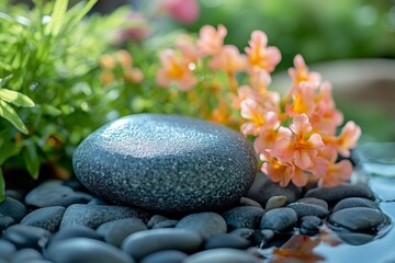 Wall Mural - Smooth stone surrounded by vibrant flowers and greenery enhances tranquil garden setting