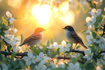 Wall Mural - Two birds perched on blossoming branches during sunset surrounded by beautiful flowers