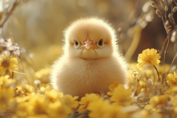 Poster - Fluffy chick surrounded by vibrant yellow flowers in a serene garden setting during springtime