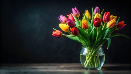 Wall Mural - Spring's minimalist beauty: a black backdrop highlights a delicate tulip bouquet.