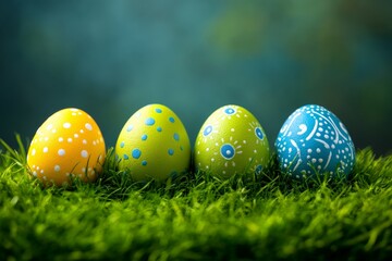 Wall Mural - Colorful decorated eggs arranged on lush green grass for an Easter celebration during springtime