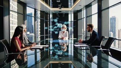 Poster - Business meeting discussing innovative technology and future strategies in a modern corporate office with city views