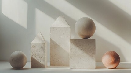 Poster - Delicate geometric shapes are elegantly arranged in soft pastel colors subtle shadows creating abstract aesthetic against neutral background.