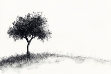 Wall Mural - Lone tree standing on a grassy hill in a minimalist landscape at dusk