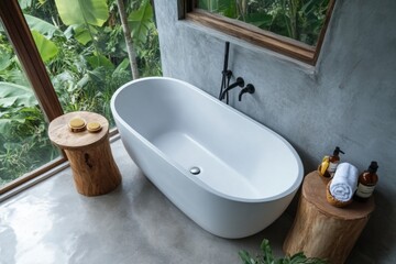 Wall Mural - A white bathtub with wooden accents, top view.