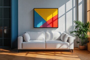 Wall Mural - Abstract art painting of geometric shapes, circles, and squares in a retro style on a canvas print for wall hanging in the home interior design of a modern living room.