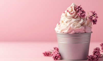Poster - Whipped cream in metal bucket with pink flowers on pink background minimal style