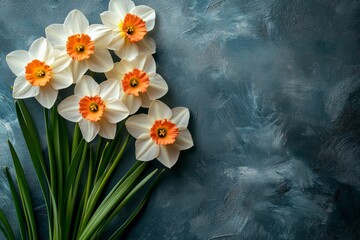 Canvas Print - Beautiful daffodils with white petals and orange centers arranged on a textured blue background