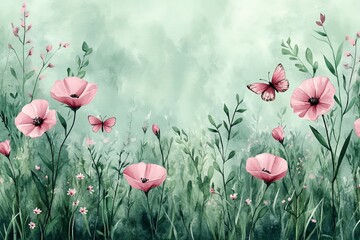 Wall Mural - Delicate pink flowers and butterflies in a serene green landscape illuminate the beauty of nature in springtime