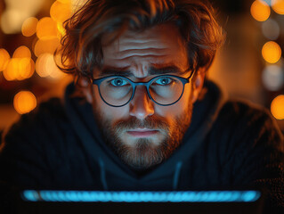 A person looking worried while working on a laptop at a modern desk, stressed expression, dim lighting with a strong contrast of light from the screen, cybersecurity visuals in the background