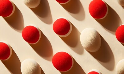 Poster - Patterned Arrangement of Red and Beige Spheres on a Cream Surface with Subtle Shadows