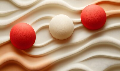 Poster - Three spheres arranged on a textured wave like surface, two in red and one in white