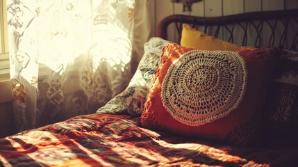 Poster - Cozy bedroom with sunlight streaming through curtains highlighting a decorative pillow and quilted bedding Copy Space