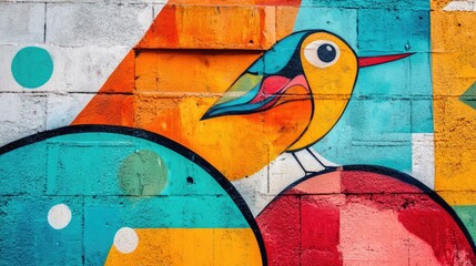 Sticker - Colorful abstract mural featuring a stylized bird integrated with geometric shapes and vibrant colors on a brick wall with Copy Space.