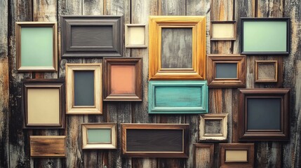 Poster - Vintage wooden photo frames in various colors and sizes arranged on a rustic wooden surface with Copy Space for text placement