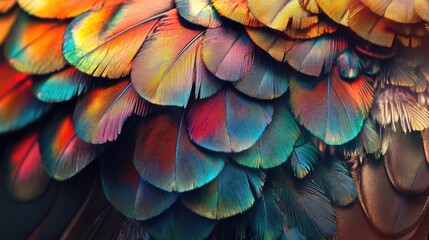 Poster - Colorful close-up of vibrant bird feathers displaying a range of hues and iridescence with Copy Space for text placement.