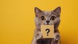 © VRVisionary - Curious cat holding blank card with question mark on vibrant yellow background with copy space for text
