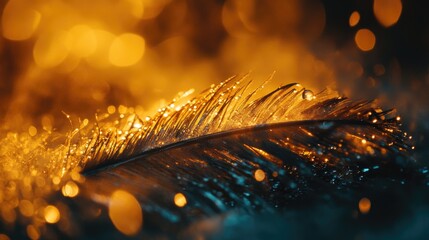Poster - Close-up of a wet feather with water droplets and bokeh background in warm golden tones with Copy Space for text placement