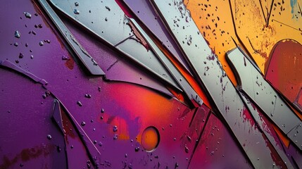 Sticker - Colorful abstract graffiti texture with peeling layers and vibrant hues of purple and orange, featuring urban artistic expression, Copy Space.