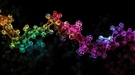 Poster - Colorful abstract molecular structure with intricate patterns isolated on black background featuring copy space for text placement