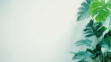 Poster - Green tropical plants against a light wall background with ample copy space for text placement