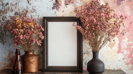 Poster - Decorative still life with empty wooden frame, dried flowers in vases, and vintage bottles against a textured wall Copy Space