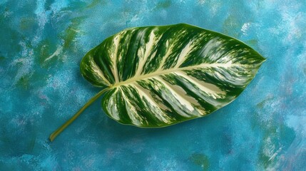 Poster - Green and white variegated leaf on a textured blue background with Copy Space for text placement