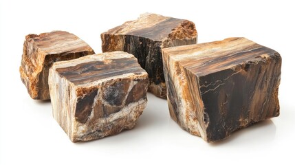 Poster - natural polished petrified wood specimens on white background with copy space for text