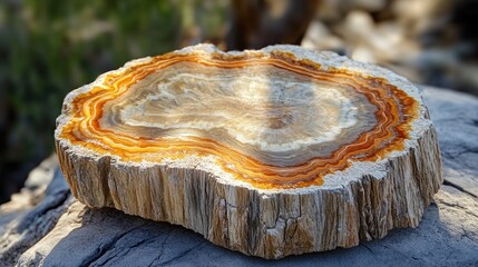 Poster - Petrified wood slice with intricate patterns and natural colors on a rocky surface with Copy Space for text placement