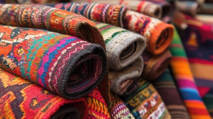 Poster - Colorful traditional textiles stacked with intricate patterns and designs showcasing craftsmanship Copy Space