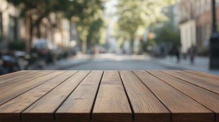 Poster - Wooden tabletop with blurred city street background and natural light Copy Space