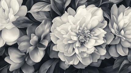 Poster - Black and white floral pattern featuring peonies and leaves with detailed textures and Copy Space for text placement