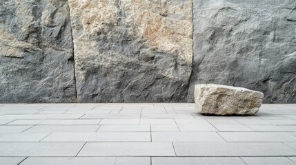 Poster - Gray stone wall with large boulder on paved surface showcasing natural textures and colors Copy Space available