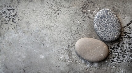 Poster - two smooth river stones on textured concrete surface with copy space for text. natural stone colors 