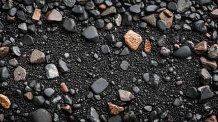 Poster - Various sizes and shapes of dark pebbles and stones on a black gravel background with Copy Space for text placement