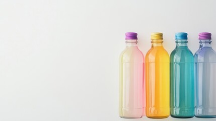 Poster - colorful plastic bottles in a row with pastel caps on a light background with copy space for text