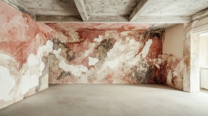 Poster - Abstract wall with peeling paint and textured surface in empty room with concrete ceiling and floor Copy Space
