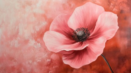 Poster - pink flower with dark center on a blurred orange background with copy space for text.